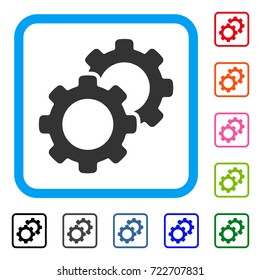 Gears icon. Flat grey pictogram symbol in a light blue rounded squared frame. Black, gray, green, blue, red, orange color versions of Gears vector. Designed for web and app interfaces.