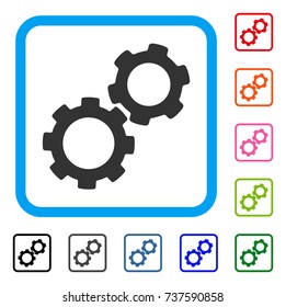 Gears icon. Flat grey pictogram symbol inside a light blue rounded squared frame. Black, gray, green, blue, red, orange color variants of Gears vector. Designed for web and app interfaces.