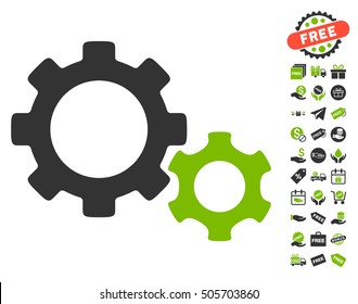 Gears icon with free bonus symbols. Vector illustration style is flat iconic symbols, eco green and gray colors, white background.