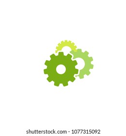 Gears icon isolated on white. Combination of three green pinions one behind other. Vector flat illustration for technology or innovation. Eco friendly style.  Settings button