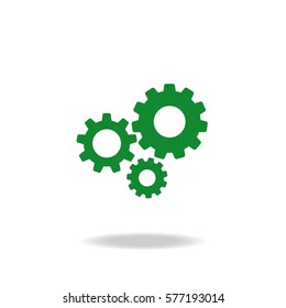 Gears icon isolated on white background. Combination of green pinions with shadow. Vector flat illustration for eco technology or innovation. Ecology. Organic.