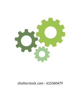 Gears icon isolated on white. Combination of pinions of green and olive colors. Vector flat illustration for technology or innovation.