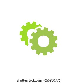 Gears icon isolated on white. Combination of two green pinions one behind other. Vector flat illustration for technology or innovation. Eco friendly style.  Settings button