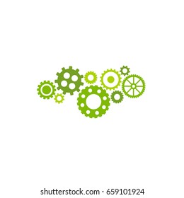 Gears icon isolated on white background. Combination of pinions of bright green colors. Vector flat illustration for technology or innovation. Mechanism chain pictogram. Circuit sign.