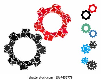 Gears icon mosaic of tremulant items in variable sizes and color tinges, based on gears icon. Vector irregular pieces are composed into mosaic.  