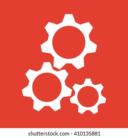 Gears icon on red background.
