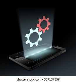 Gears icon on the screen a smartphone. Hologram. Stock vector illustration.