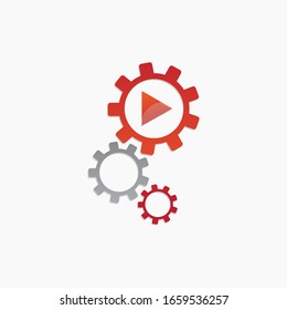 Icono De Engranajes Con Botón De Reproducción Naranja Aislado En Fondo Blanco. Concepto: Multimedia, trabajo, canal de vídeo