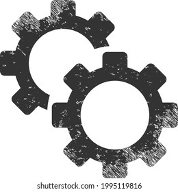 Icono de engranajes con efecto rayado. Imagen de icono de engranajes vectoriales aislados con textura de caucho raspada sobre un fondo blanco.