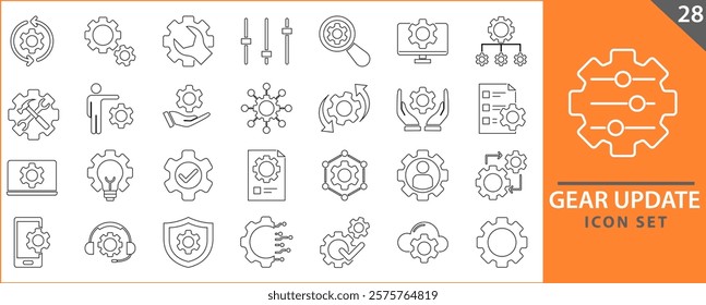 Gears icon set. Set of icons related to gears, control, tool, system. Linear icon collection. Gear update icons collection. Vector illustration.