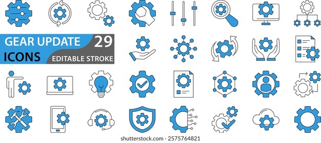 Gears icon set. Set of icons related to gears, control, tool, system. Linear icon collection. Gear update icons collection. Vector illustration.