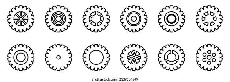 Zahnräder-Symbol-Set. Zahnräder einstellen Symbol. Kollektion von mechanischen Umrissrädern. Einfache Sammlung von Zahnrädern. Zahnräder Silhouette. Vektorgrafik mit Zahnradzeichen auf weißem Hintergrund.