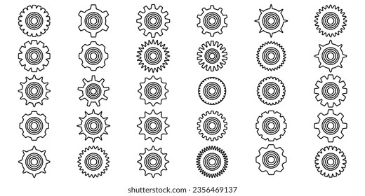 Juego de iconos de engranajes. Icono de ajuste de marchas. Colección de ruedas cognitivas de contorno mecánico. Colección simple de la rueda del engranaje. Silhouette de iconos de los engranajes. Ilustración vectorial con el signo de las ruedas cognitivas puesto sobre fondo blanco.
