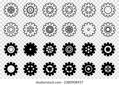 Gears icon set. Setting gears icon. Collection of mechanical cogwheels. Vector illustration with black silhouettes sprocket icons or signs design element. Transparent isolated background.