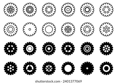 Gears icon set. Setting gears icon. Collection of mechanical cogwheels. White background. Vector illustration with black sprocket sign icons design element.