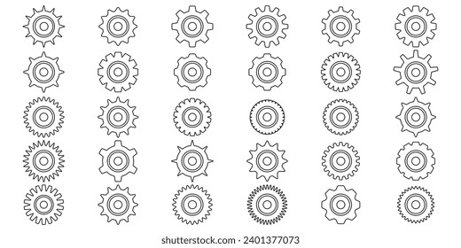 Juego de iconos de engranajes. Icono de ajuste de marchas. Colección de ruedas cognitivas de contorno mecánico. Colección simple de la rueda del engranaje. Silhouette de iconos de los engranajes.  ilustración con el signo de las ruedas cognitivas puesto en el fondo blanco.