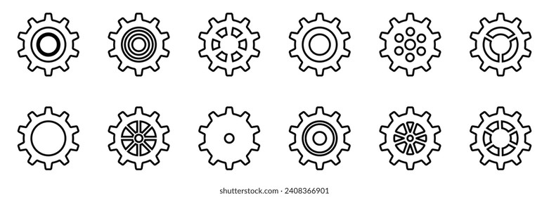 Gears icon set. Setting gears icon. Collection of mechanical outline cogwheels. Simple Gear wheel collection. Gear icons silhouette. Vector illustration with cogwheels sign set on white background.