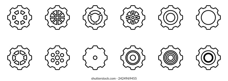 Conjunto de iconos de engranajes. Ajuste de engranajes icono. Colección de ruedas dentadas de contorno mecánico. Colección de llantas Gear simple. Silueta de iconos de engranajes. Ilustración vectorial con el signo de ruedas dentadas sobre fondo blanco.