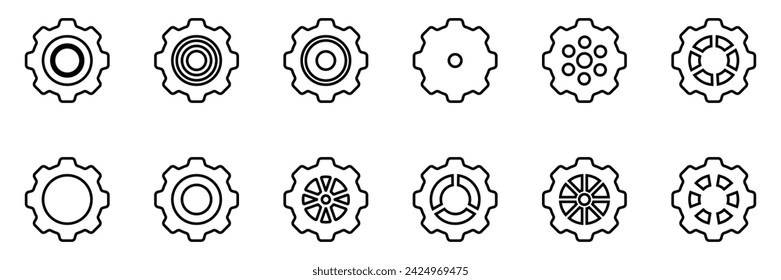 Conjunto de iconos de engranajes. Ajuste de engranajes icono. Colección de ruedas dentadas de contorno mecánico. Colección de llantas Gear simple. Silueta de iconos de engranajes. Ilustración vectorial con el signo de ruedas dentadas sobre fondo blanco.