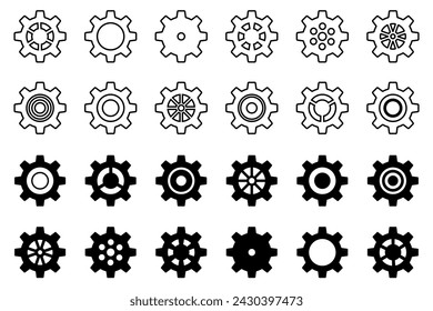 Gears icon set. Setting gears icon. Collection of mechanical cogwheels. White background. Vector illustration with black sprocket sign icons design element.