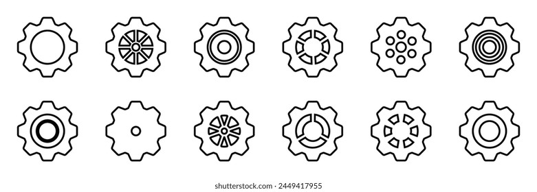 Gears icon set. Setting gears icon. Collection of mechanical outline cogwheels. Simple Gear wheel collection. Gear icons silhouette. Vector illustration with cogwheels sign set on white background.