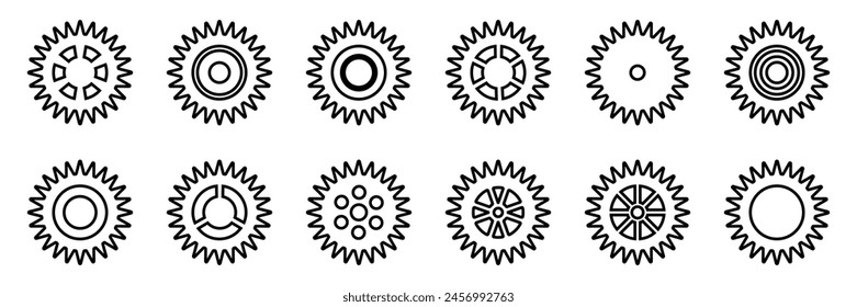 Conjunto de iconos de engranajes. Ajuste de engranajes icono. Colección de ruedas dentadas de contorno mecánico. Colección sencilla de la rueda dentada. Silueta de iconos de engranajes. Ilustración vectorial con rueda dentada sobre fondo blanco.
