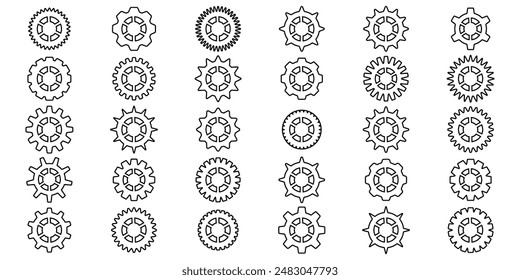 Gears icon set. Setting gears icon. Collection of mechanical outline cogwheels. Simple Gear wheel collection. Gear icons silhouette. Vector illustration with cogwheels sign set on white background.
