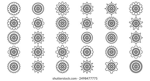 Gears icon set. Setting gears icon. Collection of mechanical outline cogwheels. Simple Gear wheel collection. Gear icons silhouette. Vector illustration with cogwheels sign set on white background.