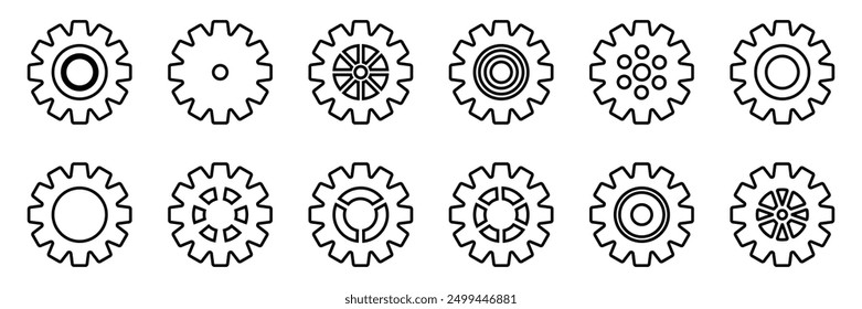 Gears icon set. Setting gears icon. Collection of mechanical outline cogwheels. Simple Gear wheel collection. Gear icons silhouette. Vector illustration with cogwheels sign set on white background.