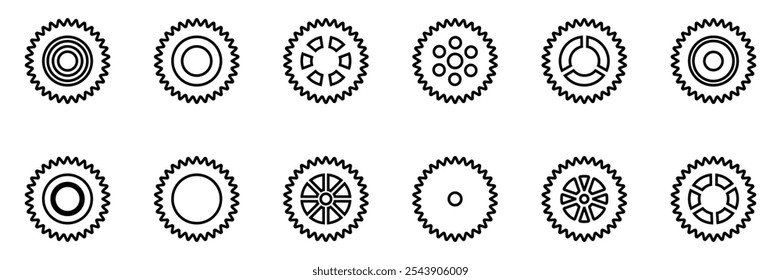 Gears icon set. Setting gears icon. Collection of mechanical outline cogwheels. Simple Gear wheel collection. Gear icons silhouette. Vector illustration with cogwheels sign set on white background.