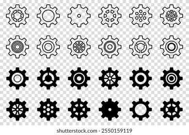Gears icon set. Setting gears icon. Collection of mechanical cogwheels. Vector illustration with black silhouettes sprocket icons or signs design element. Transparent isolated background.