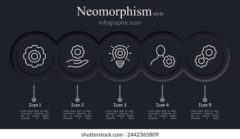 Gears icon set. Setting, hand, light bulb, fitter, mechanism, work. Neomorphism style. Vector line icon for business and advertising