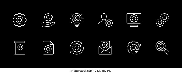 Gears icon set. Settings, light bulb, magnifying glass, pencil, change, personalization, book, instructions. White line icon on black background. Vector line icon for business and advertising