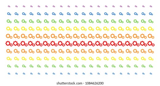 Gears icon spectral halftone pattern. Vector items organized into halftone array with vertical spectrum gradient. Designed for backgrounds, covers, templates and abstraction compositions.