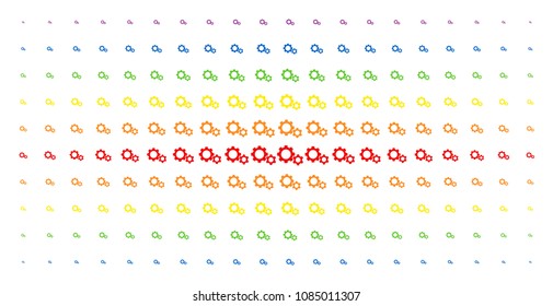 Gears icon spectral halftone pattern. Vector gears symbols are organized into halftone grid with vertical spectral gradient. Designed for backgrounds, covers, templates and abstraction compositions.