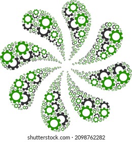 Gears icon swirl motion flower fireworks composition. Flower centrifugal explosion organized using random gears symbols.