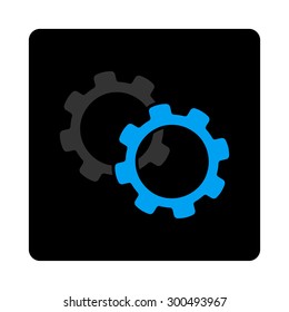 Gears icon. The icon symbol is drawn with blue and gray colors on a black button isolated on a white background.
