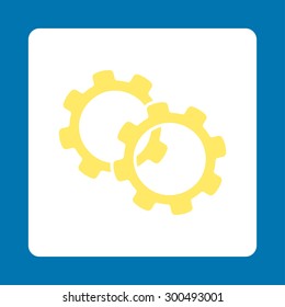 Gears icon. This flat rounded square button uses yellow and white colors and isolated on a blue background.