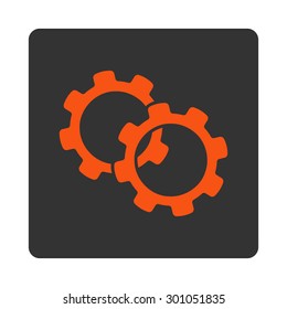 Gears icon. This flat rounded square button uses orange and gray colors and isolated on a white background.