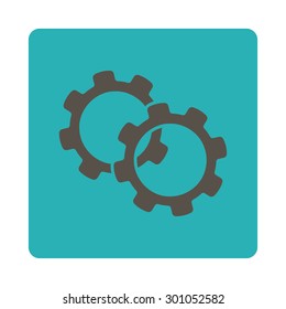 Gears icon. This flat rounded square button uses grey and cyan colors and isolated on a white background.