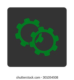 Gears icon. This flat rounded square button uses green and gray colors and isolated on a white background.