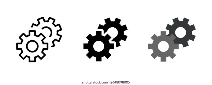 Gears icon. Two interlocking gear wheels in multiple styles vector illustration. Symbol of configuration, process and automation in systems. Mechanical and engineering interface sign.