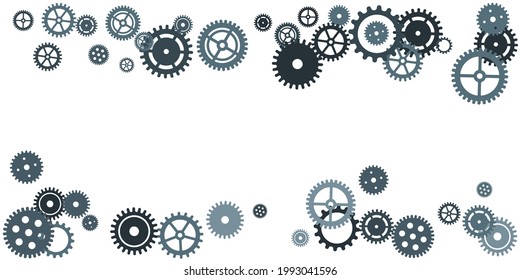 Gears icon vector frame, cogwheel pictogram collection. Mechanical industry elements, motor or clock circle parts with cogs. Mechanical cogwheel gears illustration. Flat icons isolated. Motion symbols