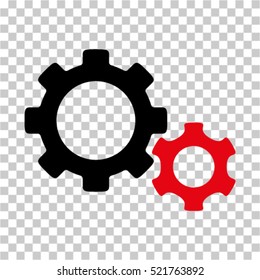 Icono de los engranajes. El estilo pictográfico vectorial es un símbolo bicolor plano, color rojo y negro intensivo, fondo transparente ajedrez. Diseñado para herramientas de software e interfaz web y menús.