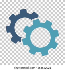 Gears icon. Vector pictograph style is a flat bicolor symbol, cyan and blue colors, chess transparent background. Designed for software and web interface toolbars and menus.