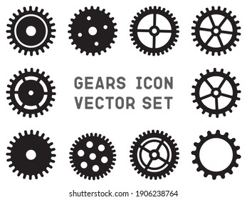 Gears icon vector set, cogwheel pictogram collection. Mechanical industry elements, motor or clock circle parts with cogs. Mechanical cogwheel gears illustration. Flat icons isolated. Motion symbols.