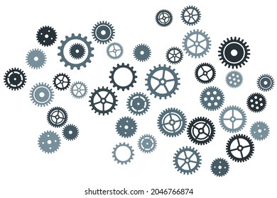 Gears icon vector set, cogwheel pictogram collection. Mechanical industry elements, motor or clock circle parts with cogs. Mechanical cogwheel metallic gears. Flat icons isolated. Motion symbols.