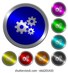 Gears icons on round luminous coin-like color steel buttons