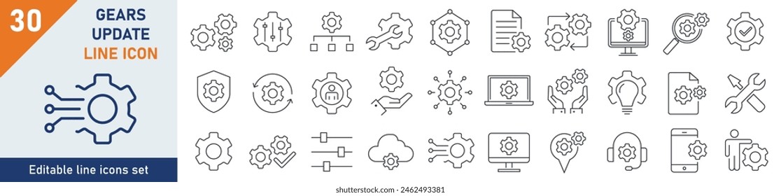 Gears icons Pixel perfect. Gears icon set. Set of 30 outline icons related to gears, control, tool, system. Linear icon collection. Editable stroke. Vector illustration.