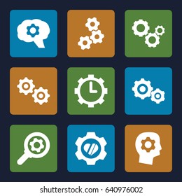 Gears icons set. set of 9 gears filled icons such as heart in gear